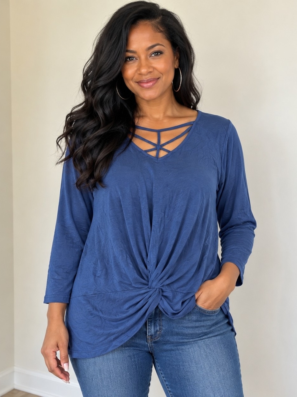 Women's Navy Blue Strappy Knot Front Long Sleeve Top